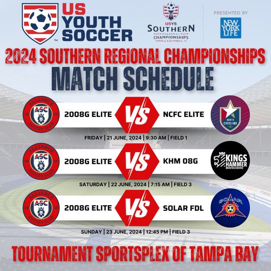 My schedule for the <a href="/USYouthSoccer/">US Youth Soccer</a> Southern Regional Championships in Tampa, FL! So excited! Coaches - hope to see you at our games! 

<a href="/ImYouthSoccer/">ECNL/GA/Recruiting/College Soccer</a> <a href="/ImCollegeSoccer/">College Soccer Truth ™</a> @SoccerMomInt <a href="/TopDrawerSoccer/">TopDrawerSoccer</a> <a href="/TheSoccerWire/">SoccerWire</a> @AllianceSC_08G <a href="/LadyPanthersJC/">JC Women's Soccer</a> <a href="/NEGARecruits/">Northeast Georgia Recruits</a> <a href="/onlyGplatform/">The OG Platform</a>