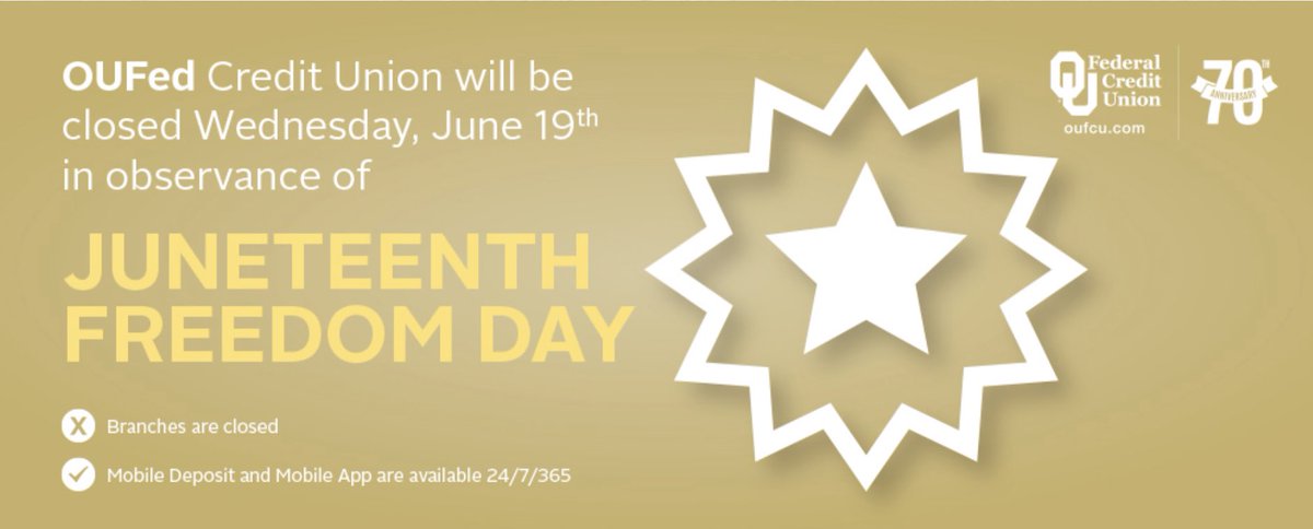 OUFedCU's tweet image. We will be closed tomorrow in observance of Juneteenth! You can still access your account 24/7 via the mobile app. 📲