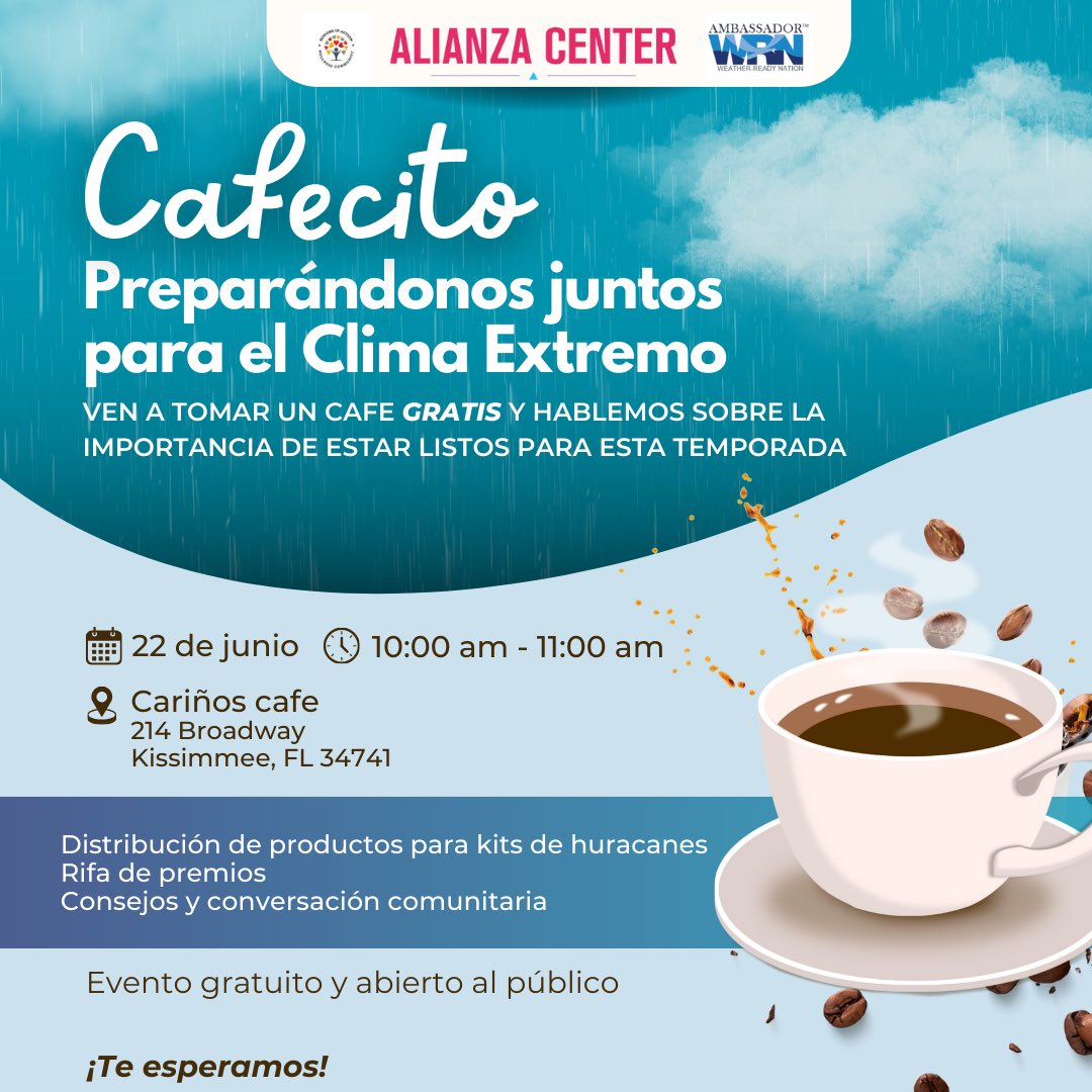 AlianzaCenter's tweet photo. Únete a nosotros para un café gratis y una charla sobre la importancia de estar preparados para esta temporada! 🌍🌦️

📅 Fecha: 22 de Junio 
Hora: 10:00 am - 11:00 am
📍 Lugar: Cariños Café 

Juntos, podemos estar mejor preparados. ¡Te esperamos! #Cafecito #ClimaExtremo https://t.co/731OXpPbar