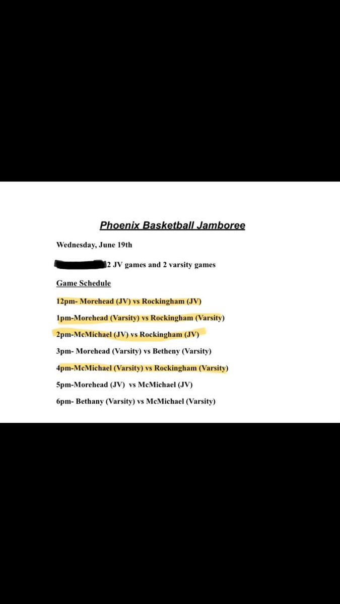 Tomorrow’s schedule for our JV and Varsity teams. All games are being played at 4 Kids Gym; 2271 Harrington Highway, Eden, NC 27288. Come out and support our guys!!