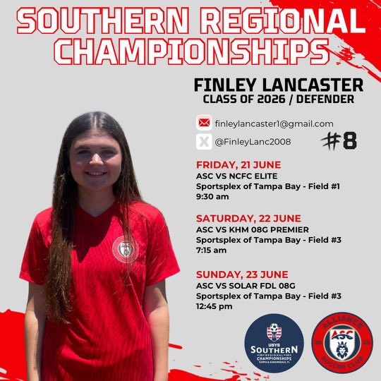 FinleyLanc2008's tweet image. My schedule for the @USYouthSoccer Southern Regional Championships in Tampa, FL! So ready to be on the field! Hope to see you there.
@ImYouthSoccer @ImCollegeSoccer @SoccerMomInt @TopDrawerSoccer @TheSoccerWire @AllianceSC_08G @LadyPanthersJC @NEGARecruits @onlyGplatform
