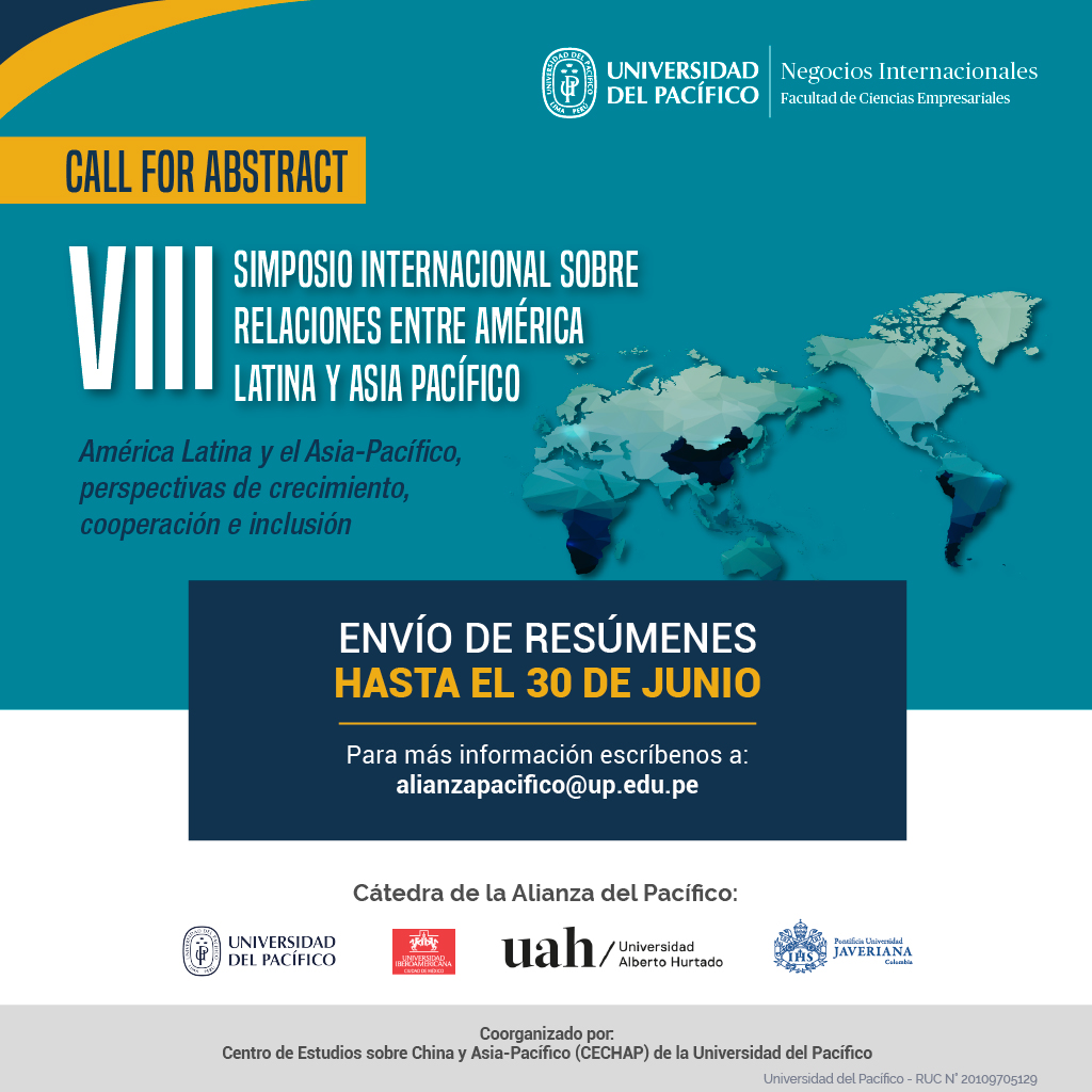 Cechap_Up's tweet image. #CallForAbstract | Te invitamos a participar en el VIII Simposio Internacional sobre Relaciones entre América Latina y Asia Pacífico, organizado por la carrera de Negocios Internacionales y el Centro de Estudios sobre China y Asia-Pacífico de la @UdelPacifico.