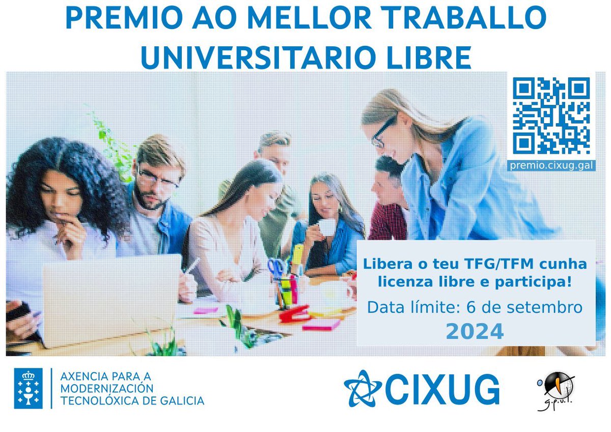 Facultade de Informática da UDC (@fic_udc) on Twitter photo O <a href="/oslcixug/">OSL - CIXUG</a> presenta a nova edición do Premio ao Mellor Traballo Universitario Libre.
📍TFG/TFM en 2023/24
📍Software cunha licenza libre.
🔗 Máis info: premio.cixug.gal
📅 6 setembro 2024 O <a href="/oslcixug/">OSL - CIXUG</a> presenta a nova edición do Premio ao Mellor Traballo Universitario Libre.
📍TFG/TFM en 2023/24
📍Software cunha licenza libre.
🔗 Máis info: premio.cixug.gal
📅 6 setembro 2024