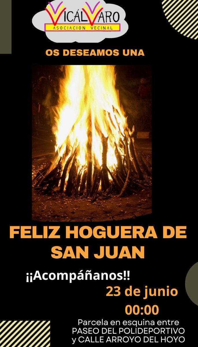 A pesar de que la Junta no la ha incluido en el programa de las #fiestas, un año más, os esperamos en #HogueraSanJuan #Vicálvaro.

A las 00:00h del domingo 23 de junio, echaremos al 🔥 los malos rollos del pasado para poder cumplir los buenos deseos del futuro.

🔥🔥🔥

👇👇
