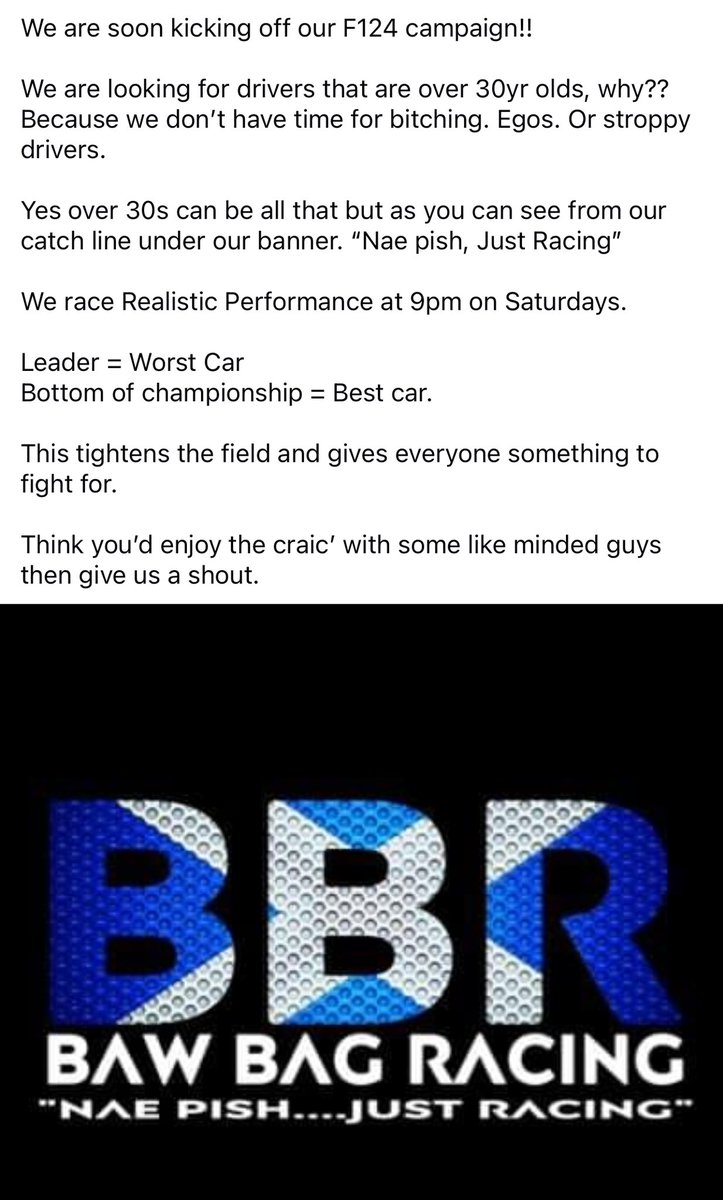 Give me a shout if anyone you know would fit the bill

No “esports” drivers. 

You sweats can get fuuuuuucckktttt. 

#F1leagueracing