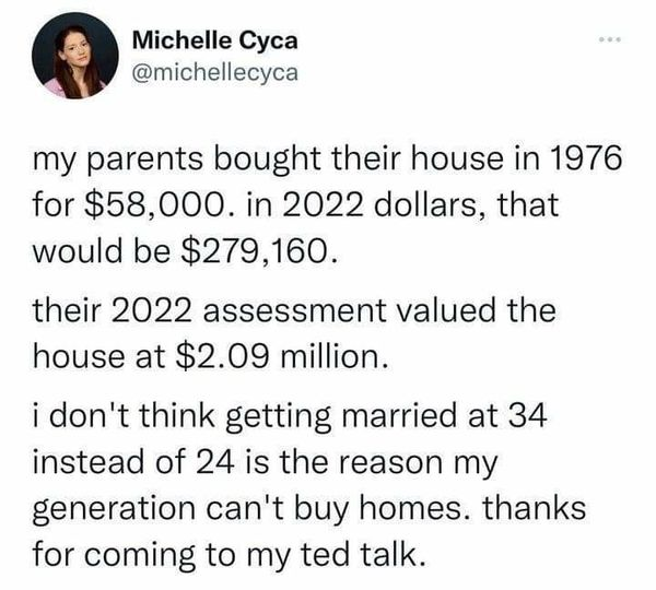 Gritty20202's tweet photo. according to inflation, the house that my mother purchased for $70,000 in 1985 would've been @ $205,658 today

it just sold for $1,600,000 https://t.co/DEC0LK14oN