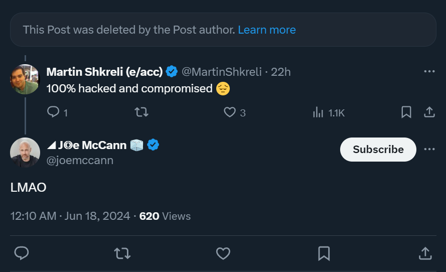 WazzCrypto's tweet photo. So @joemccann deleted the $DJT shilling post

Even GCR called this cabal scamcoin bluff

I guess anything goes to make Solana the center of attention

I wonder how @micsolana got his scoop with ca ready and everything?  🤔 https://t.co/eLVpsAeMiZ