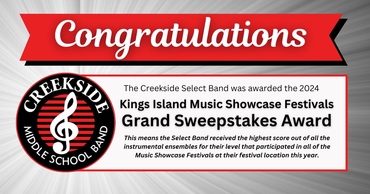 It’s summer, but our kids are still doing amazing things! Creekside’s select band won the top award for their performance at Kings Island!!