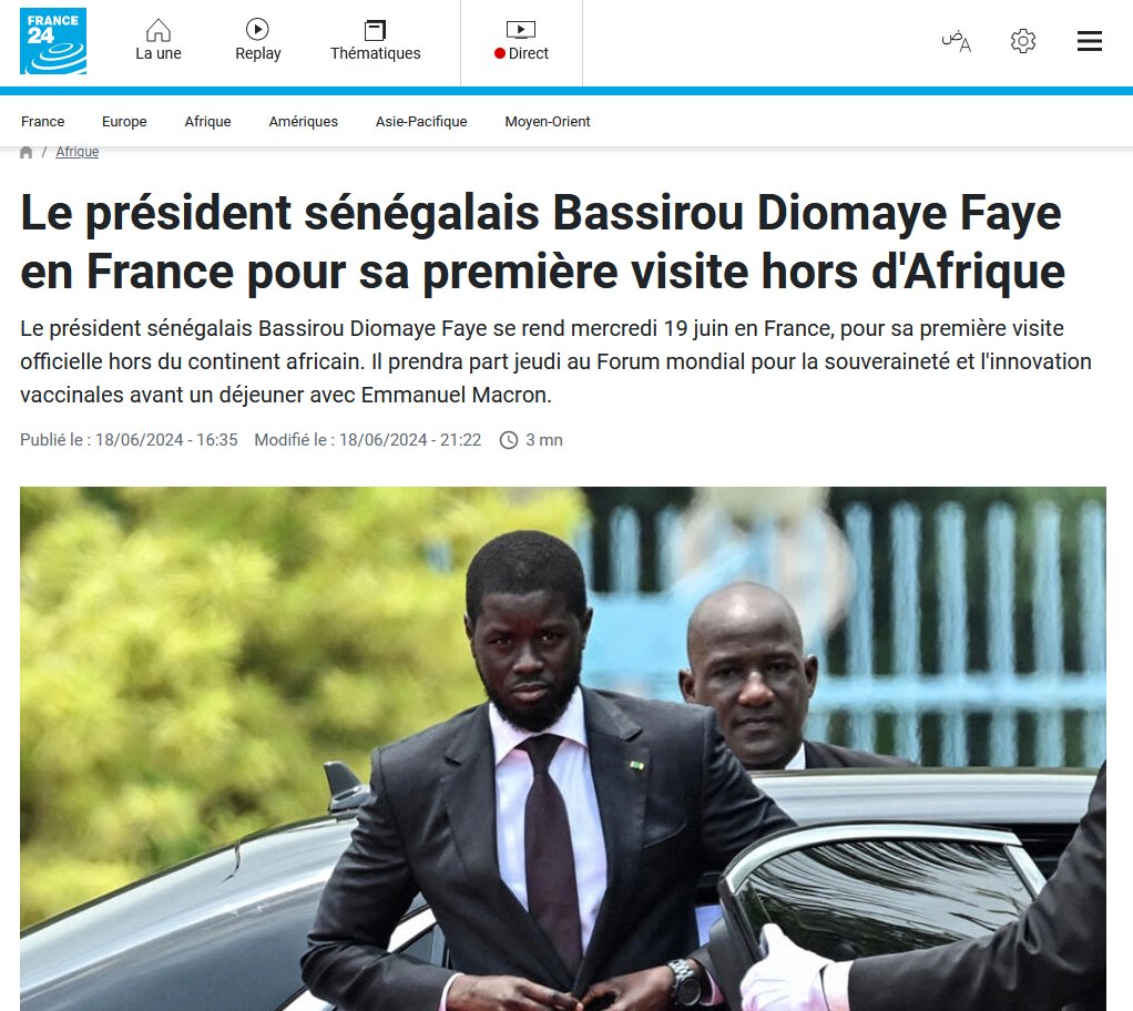 L'IDYLLE
FRANCE 24 TRIOMPHE: BASSIROU DIOMAYE FAYE RESERVE SA PREMIERE VISITE HORS D'AFRIQUE A LA FRANCE, EN SIGNE DE RECONNAISSANCE DES NOUVEAUX DIRIGEANTS DU SENEGAL