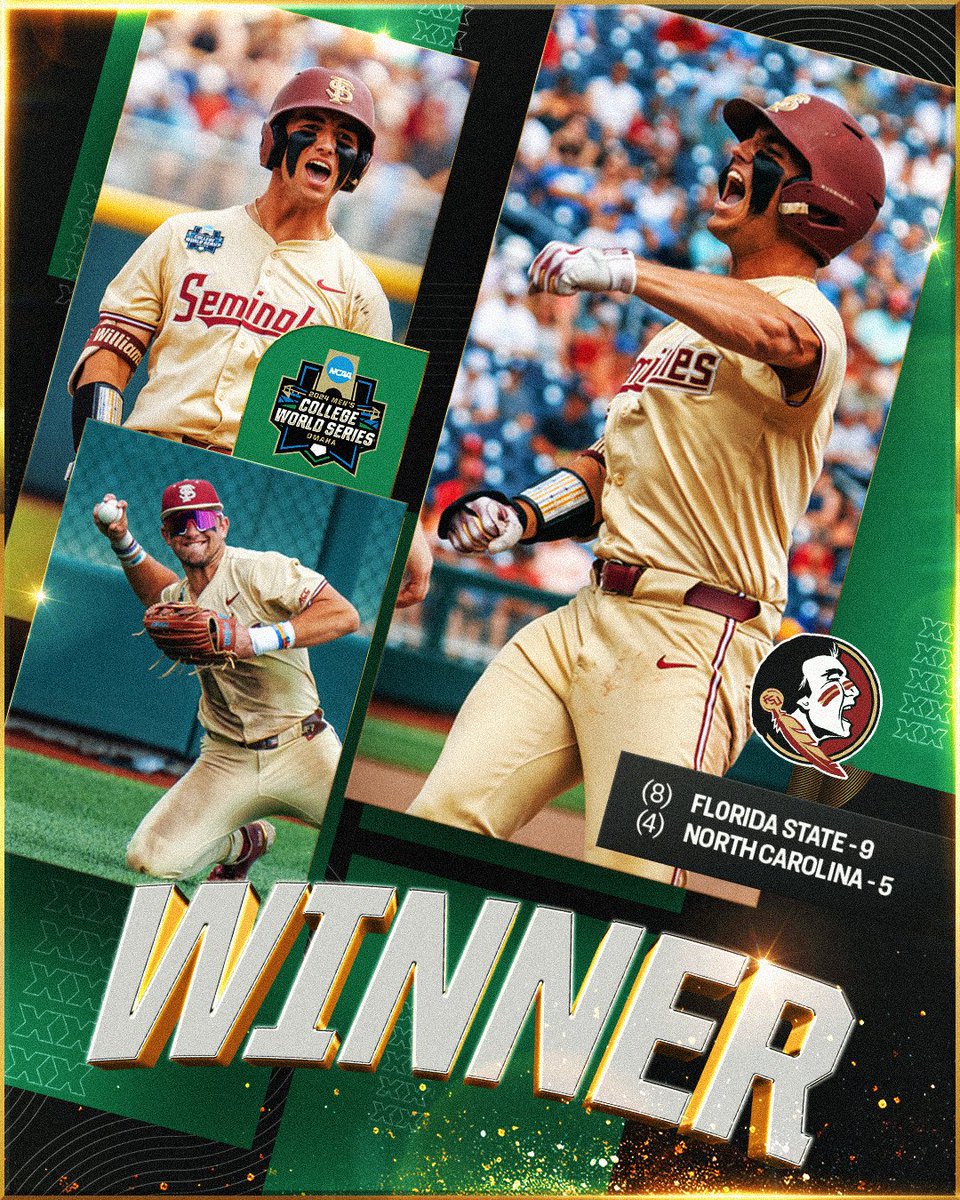 (8) <a href="/FSUBaseball/">FSU Baseball</a> eliminates (4) North Carolina in Game 9 of the #MCWS, 9-5.