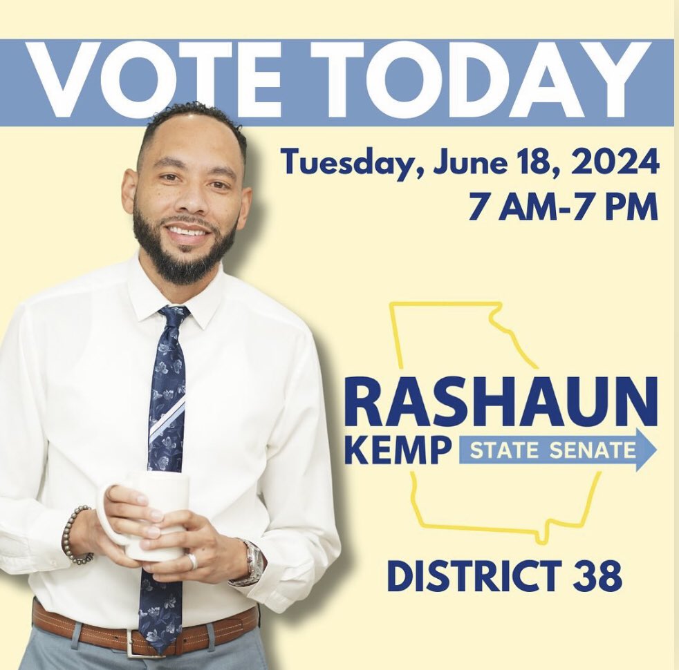 Today is a major run off election. 

Make sure you get to the polls if you’re in District 38. 

You still have until 7:00 pm. #Atlanta #Georgia #elections2024 #runoff 

Follow and support <a href="/RashaunForGA/">RaShaun Kemp</a> 🗳️