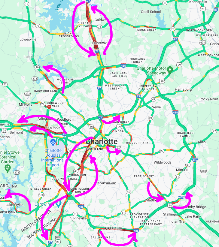 Clt_TrafficGuy's tweet photo. 💢TraffiCast™
Welp, I went and did it.  I messed up a perfectly good map.  Well, it was kinda messy to start with...check out I-77 both directions!
#CltTraffic #Charlotte #Clt #NC #SC https://t.co/Uhi2li5fMT