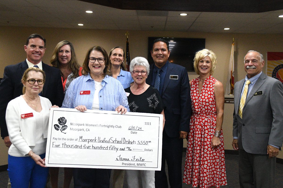 This evening, the Moorpark Women’s Fortnightly Club  presented the MUSD Board of Education with a $5,550 donation that will be used for a variety of programs districtwide. Thank you, MWFC, for your incredible—and ongoing!—generosity. It is truly appreciated.
