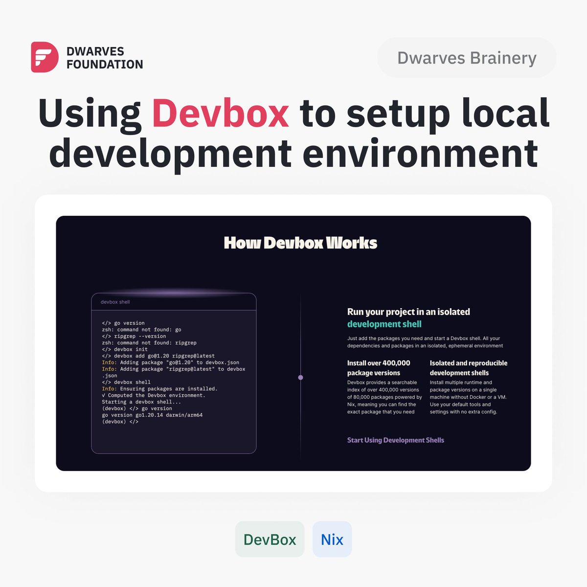dwarvesf's tweet image. USING DEVBOX TO SETUP LOCAL DEVELOPMENT ENVIRONMENT
Welcome back to our Devbox series. In this part, we go hands-on with #Devbox, showing how it helps us create isolated, reproducible, and portable development environments.