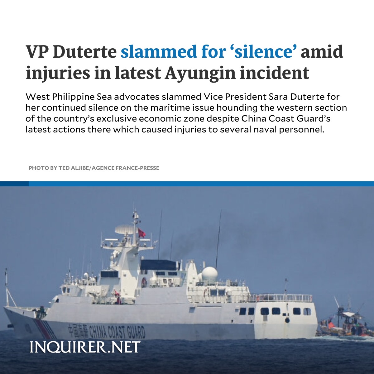 inquirerdotnet's tweet photo. “When it’s about China’s acts of violence against our citizens in the West Philippine Sea, VP Sara Duterte has turned down her volume to zero. But when it comes to standing up for friends like Apollo Quiboloy, she flips the switch to full volume!”

READ MORE: https://t.co/bOPMAKLSvL
