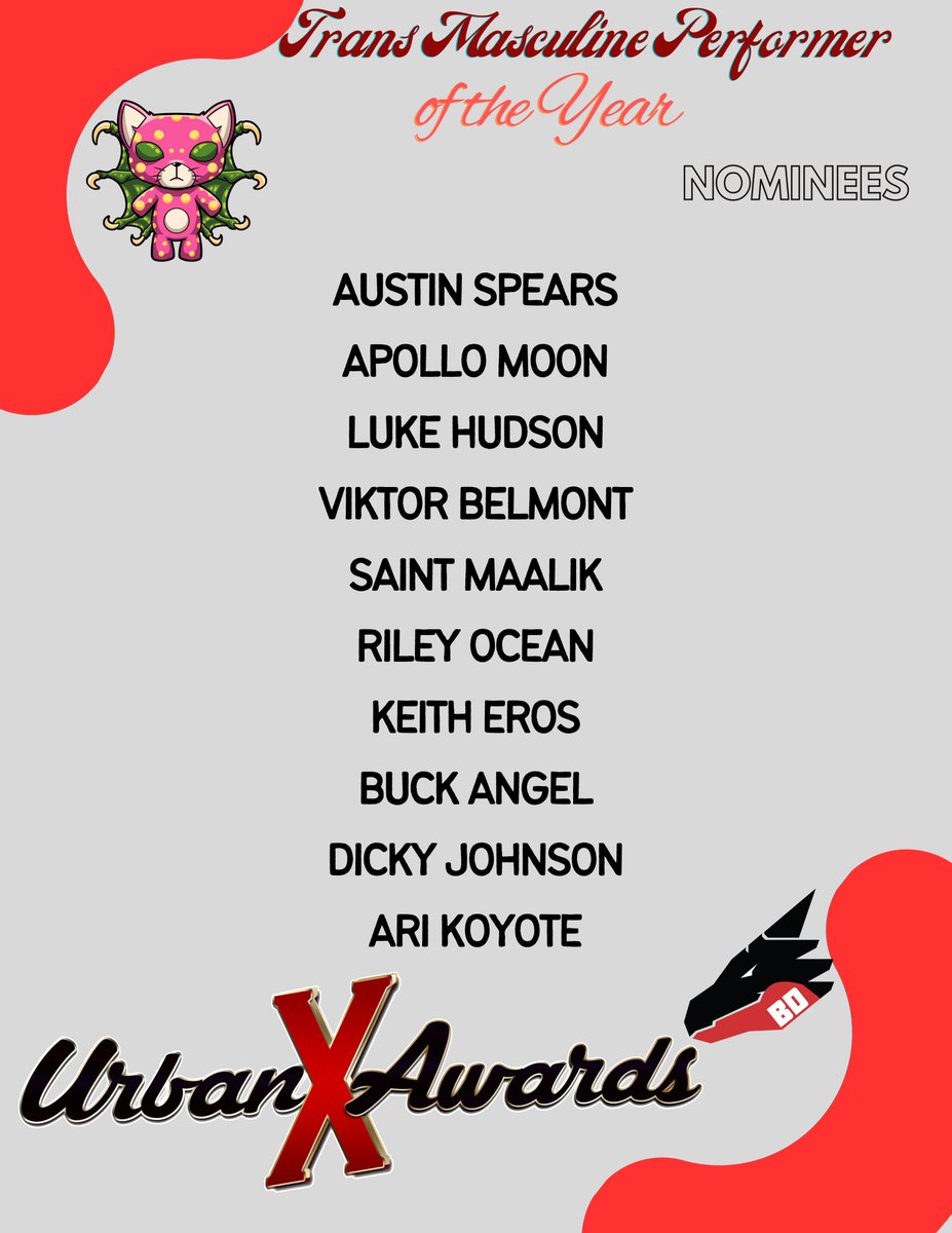 The Urban X Awards (@urbanxawards) on Twitter photo Nominees for @urbanxawards Trans Masculine Performer of the Year are <a href="/antifabussy/">Austin Spears🏳️⚧️$3 OF Sale</a> <a href="/apollomoon999/">Apollo Moon🏳️⚧️</a> <a href="/viktorbelmont_/">viktor belmont</a> @SaintMaalik <a href="/RileyOceanNYC/">Riley Ocean FTM</a> <a href="/keith_eros/">Keith Eros (he/him)</a> <a href="/BuckAngel/">Buck Angel® Transsexual</a> Nominees for @urbanxawards Trans Masculine Performer of the Year are <a href="/antifabussy/">Austin Spears🏳️⚧️$3 OF Sale</a> <a href="/apollomoon999/">Apollo Moon🏳️⚧️</a> <a href="/viktorbelmont_/">viktor belmont</a> @SaintMaalik <a href="/RileyOceanNYC/">Riley Ocean FTM</a> <a href="/keith_eros/">Keith Eros (he/him)</a> <a href="/BuckAngel/">Buck Angel® Transsexual</a>