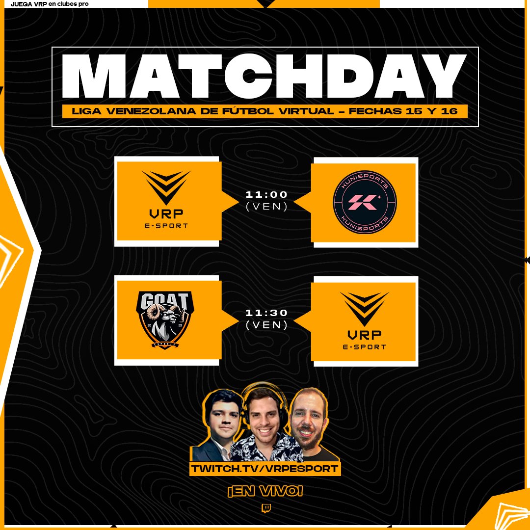 Ya estamos listos para llevarles toda la acción de #SomosVRP en las jornadas 15 y 16 de la Liga Venezolana de Fútbol Virtual en <a href="/fiferosdevzla/">Fiferos de Venezuela</a> 🔥

🏠🆚 @kunisport 
✈️🆚 GOAT eSports
🎙️ <a href="/maxiheiden_31/">Maxi Heidenreich</a> 
🗣️ <a href="/MiguelRapetti/">Miguel Rapetti</a> &amp; <a href="/JoseCueva17/">Jose Francisco Cueva</a> 
📺 twitch.tv/vrpesport