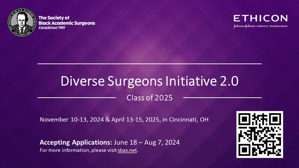Paris Butler (@drparisbutler) on Twitter photo Calling all General Surgery Residency Programs & PGY3-4 Residents! The <a href="/SocietyofBAS/">Society of Black Academic Surgeons</a>/@Ethicon
DSI 2.0 is now recruiting for the Class of 2025!!!! Application cycle is open June 18 - Aug 7, 2024!!!! Apply using the link: members.sbas.net/page/DSI20 Calling all General Surgery Residency Programs & PGY3-4 Residents! The <a href="/SocietyofBAS/">Society of Black Academic Surgeons</a>/@Ethicon
DSI 2.0 is now recruiting for the Class of 2025!!!! Application cycle is open June 18 - Aug 7, 2024!!!! Apply using the link: members.sbas.net/page/DSI20