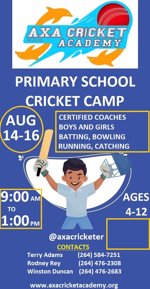 AXA Cricket Academy 3 Day Summer Primary School Cricket Camp. Call or text the contacts to Sign up. Cricket is back!!!