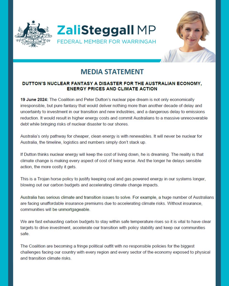 ❌Dutton’s nuclear fantasy a disaster for the Aust economy, energy prices &amp; climate action. This is a Trojan horse policy to keep coal and gas firing. The longer we delay sensible action, the more costly this will get‼️ 
#voteno #auspol
Full statement: ow.ly/gbL450SllKr