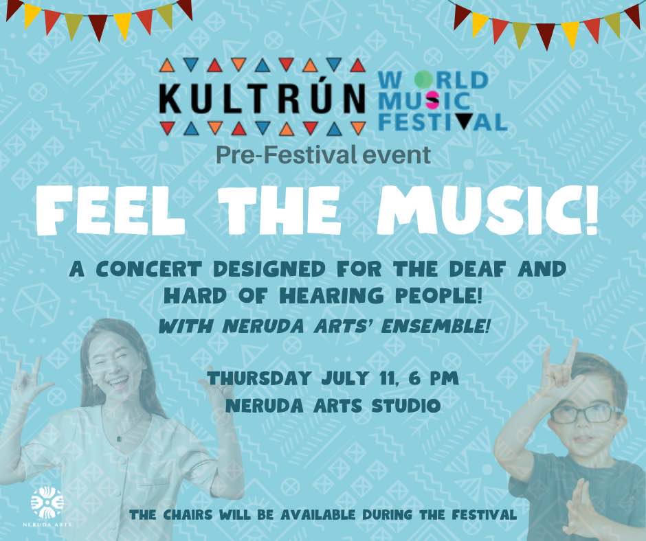 Pre - Kultrun Events.
July 9 - 7:30pm Elevating Women in the Arts
July 10 - 7pm Neruda Studio. Arpillera Melipilla Exhibit
July 11 - 6pm Neruda Studio. Feel the Music - concert for the deaf and hard of hearing.

All Free.

<a href="/CKWRFM/">98.5 CKWR</a> <a href="/CNIB_DBCS/">CNIB Deafblind Community Services</a>