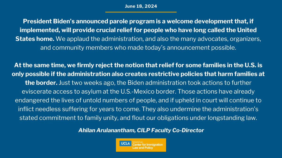 UCLA_CILP's tweet photo. NEW: Biden’s announcement today is a welcome development that will provide crucial relief. At the same time, we reject the notion that relief for some families in the US is only possible if the admin also creates restrictive policies that harm families at the border. 

More⬇️ https://t.co/JbfQrcOVfG