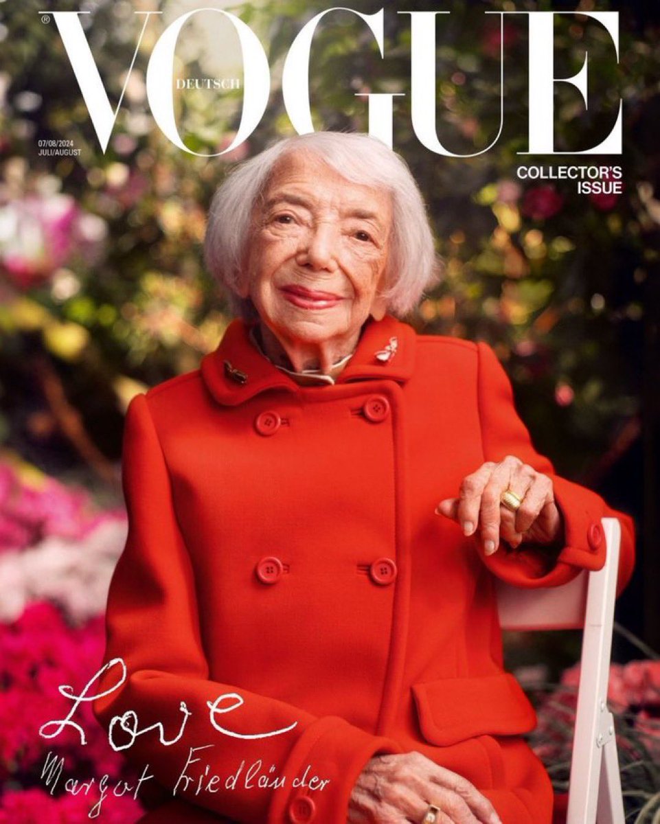 Ostrov_A's tweet photo. Love love love this! 

@VOGUE_Germany has placed on its June cover 102-year-old Holocaust survivor Margot Friedländer.

Friedländer survived Theresienstadt, emigrating to the U.S., and then returned to Germany in 2010 to help educate the youth about her experience. https://t.co/dMCXUKxhBf