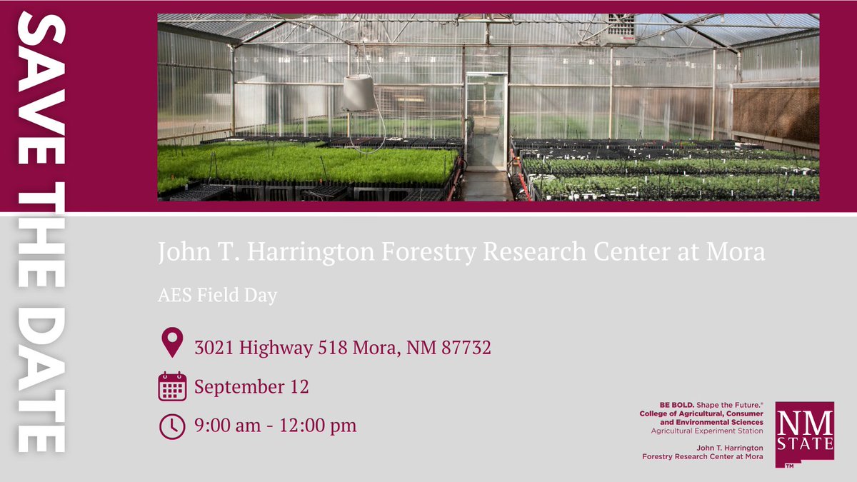 Mark your calendars! On September 12th, the John T. Harrington Forestry Research Center at Mora will host their annual field day. Follow us on social media to learn more about this event. Details to follow. #AES #GoAggies #fieldday #agriculturelife #nmsu