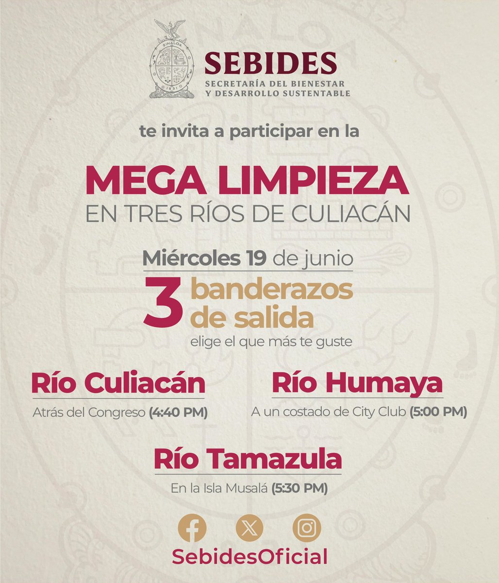 ¡Únete a la Mega Limpieza y Recolección de Basura en los Rìos de Culiacán! ♻️🌎 La cita es este miércoles en punto y hora que más te convenga. ¡Asiste con toda la familia!

Más información en la imagen. ⬇️