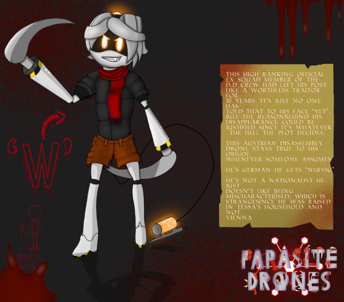 AnonymousTheRed's tweet photo. Here are all the updated profiles on all the new characters featured in Parasite Drones + with descriptions #murderdrones #murderdrone #murderdronefanart #murderdronecomic #Parasitedrones #comic #profile #characters #fanart #glitchproductions #glitch https://t.co/bz8Mv938nR