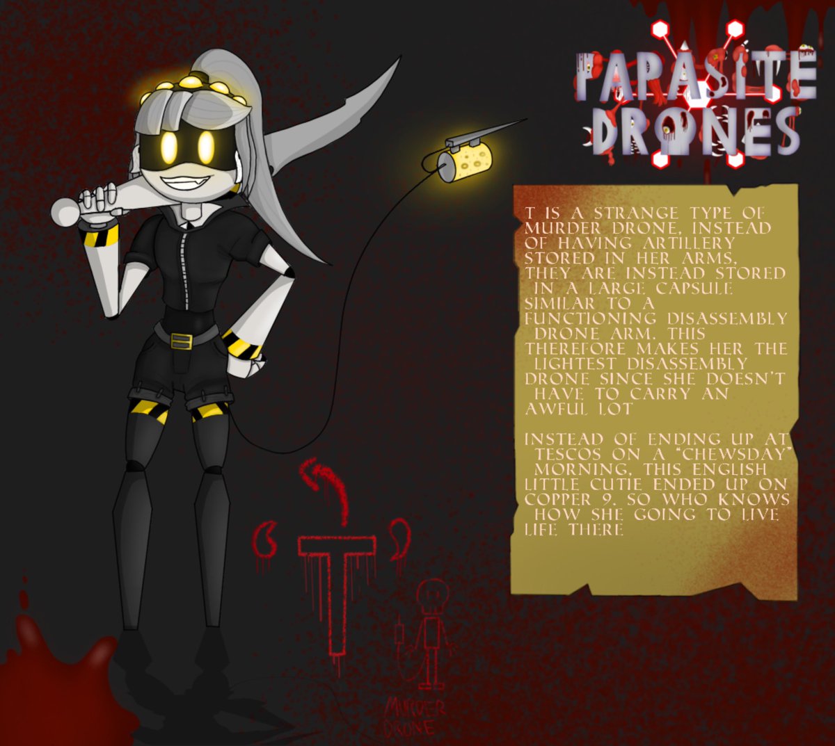 AnonymousTheRed's tweet photo. Here are all the updated profiles on all the new characters featured in Parasite Drones + with descriptions #murderdrones #murderdrone #murderdronefanart #murderdronecomic #Parasitedrones #comic #profile #characters #fanart #glitchproductions #glitch https://t.co/bz8Mv938nR