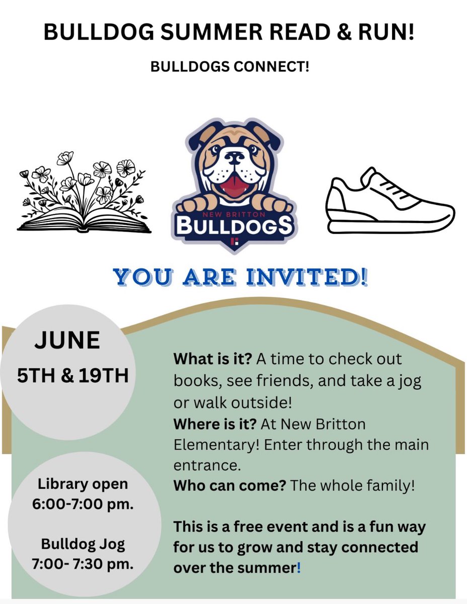 Can’t wait to see you tomorrow, Bulldogs! Due to the predicted hot temperatures we will not be running. The library will be open for book check out! I’m looking forward to seeing everyone! <a href="/NBEbulldogs/">New Britton Elem.</a> <a href="/NBEAP/">NewBrittonAP</a>