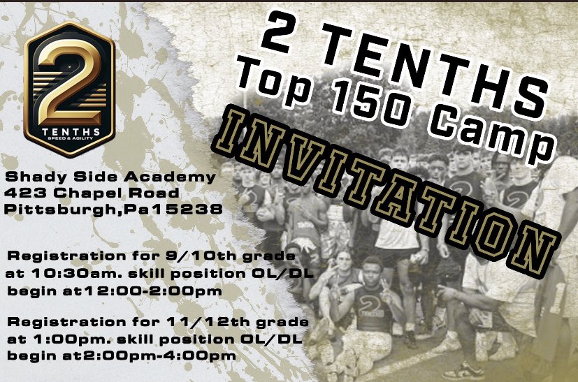 Thank you <a href="/210ths/">2Tenths Speed & Agility</a> for the invite to the top 150 Camp. Can’t wait to compete! <a href="/Coach_Linn/">Ryan Linn</a> <a href="/WPIAL_Insider/">WPIAL Insider</a> <a href="/wpialsportsnews/">WPIAL Sportsmen</a> <a href="/AdamCross33/">Coach Cross</a>