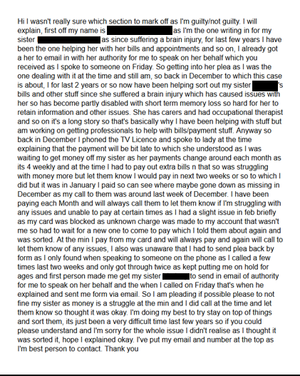 kirkkorner's tweet image. She has a brain injury
She's partially disabled
She has short-term memory loss

Guilty plea to using a TV without a licence, entered by her sister who's also her carer

A woman from Kent criminalised in the fast-track #SingleJusticeProcedure without prosecutors seeing this letter