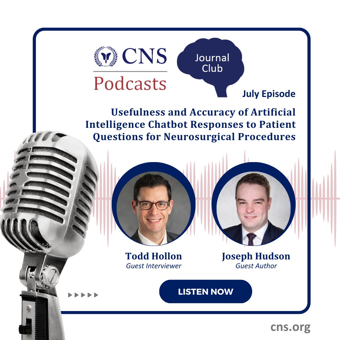 Listen to the July episode of the Journal Club Podcast, out now! AI is a popular topic and this episode dives into it's potential in neurosurgery with author Joseph Hudson interviewed by Todd Hollon. Tune in wherever you get your podcasts: cns.org/publications/j…
#CNSPodcast