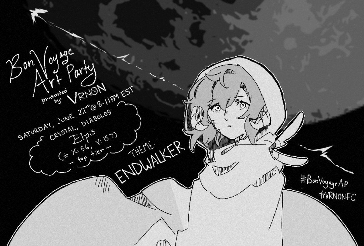 VRNON’s House FC is holding an art party to commemorate Endwalker.

🌑 When: June 22nd @ 8-11PM EST
🌘Where: Crystal, Diabolos. Elpis (approx. X: 5.6, Y: 15.7) — Top Tier*
🌕 Theme: Endwalker
🌒 Tags: #BonVoyageAP #VRNONFC
🌑 Prizes, art, GPOSES!

*More info below. 💫