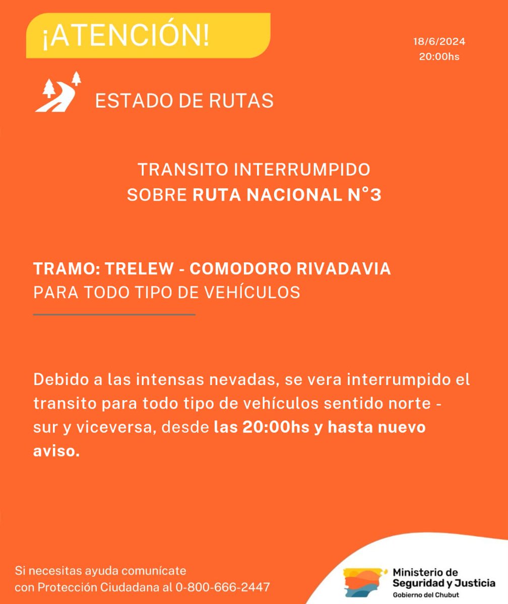 ⚠️ INFORMACIÓN IMPORTANTE ⚠️

❗ La Subsecretaría de Protección Ciudadana dependiente del Ministerio de Seguridad y Justicia, informa que se encuentra INTERRUMPIDO el transito para todo tipo de vehículos hasta nuevo aviso sobre ruta nacional Nº 3.