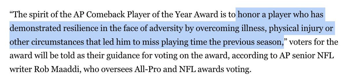 adamlevitan's tweet photo. Really interesting clarification for anyone who bets Comeback POY market.

No more winning the award if you're merely coming back from sucking (Geno Smith), or being old (Joe Flacco). 

In other words, Russ Wilson (currently +1200 on DK) &amp; Bryce Young (+4000) are dead for 2024. https://t.co/PUIJNasN6w