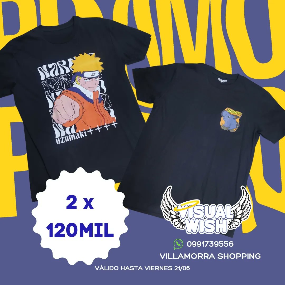 Aprovecha y renova tu guardaropa con la promo de Visual Wish! Remeras temáticas: 2 X 120mil! ✨
Tenemos de animes y películas! 
Pedí ya al 0991739556 o visitanos en Villamorra Shopping!
Hacemos delivery y envíos a todo el país