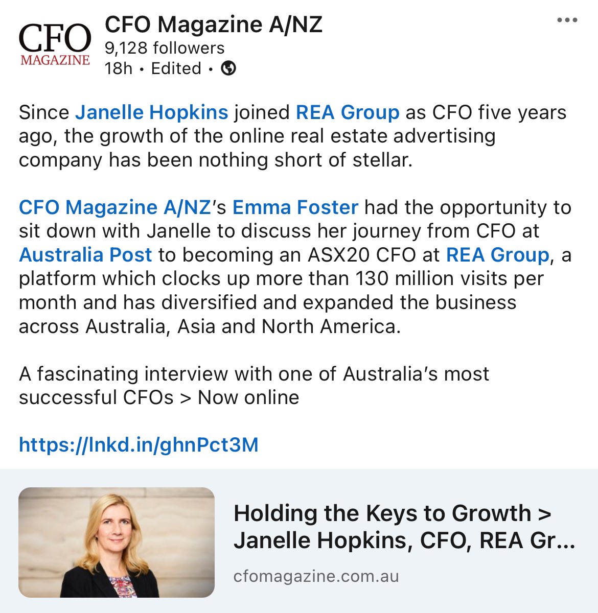 Leading ASX20 CFO, Janelle Hopkins, CFO <a href="/REA_Group/">REA Group</a> featured in our latest spotlight interview with Emma Foster &gt; Now online @ CFOMagazine.com.au