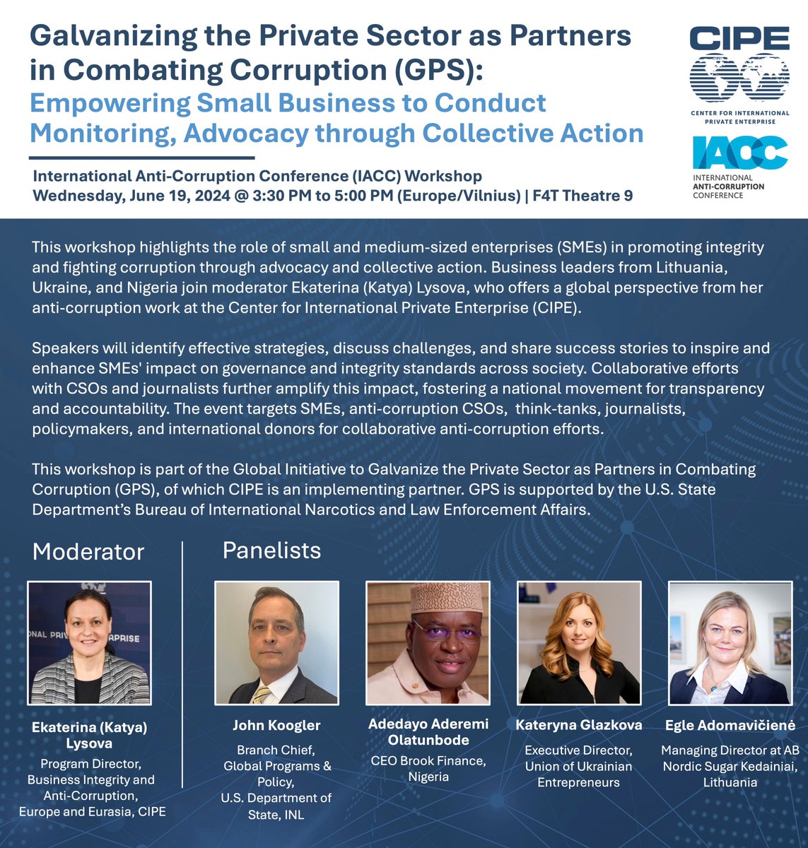In Vilnius for the biggest #anticorruption conference of the year, the #IACC2024 ?

Wondering how small businesses can unite to fight corruption?

Check out this Wednesday workshop⬇️in F4T Theatre 9 from 3:30pm-5:00pm with folks fighting the good fight.
<a href="/StateINL/">US Dept of State INL</a>
<a href="/johntonn/">Johannes Tonn (JT)</a>