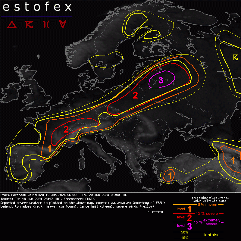 Severe weather threat expected in a very large area. The highest risk will exist across E Lithuania, E Latvia, N Belarus and W Russia, where storms will be capable of extremely severe wind gusts and tornadoes, some of which can be strong.