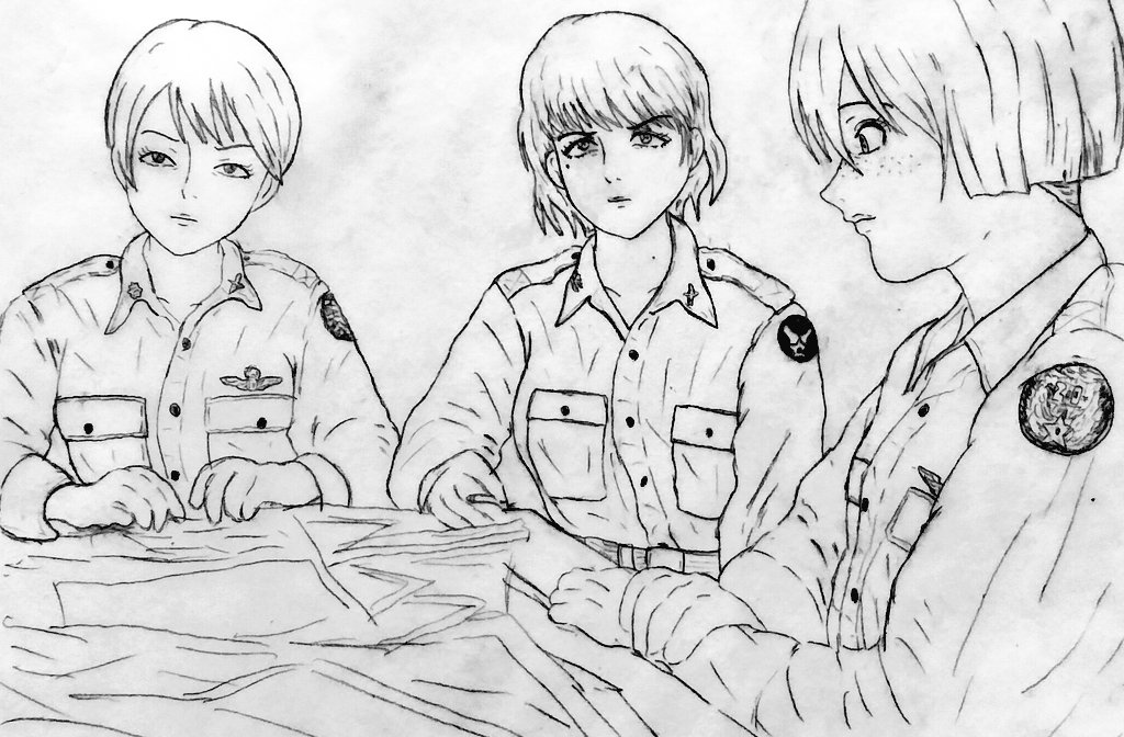 中佐(左)「(低高度による爆撃
高射砲にやられるわよ……)」

大佐(真ん中)「(夜間爆撃と言ってもジャップも馬鹿じゃないわ こっちの被害も多くなるわ)」

少佐(右)「(早くランチ食べたいな)」 