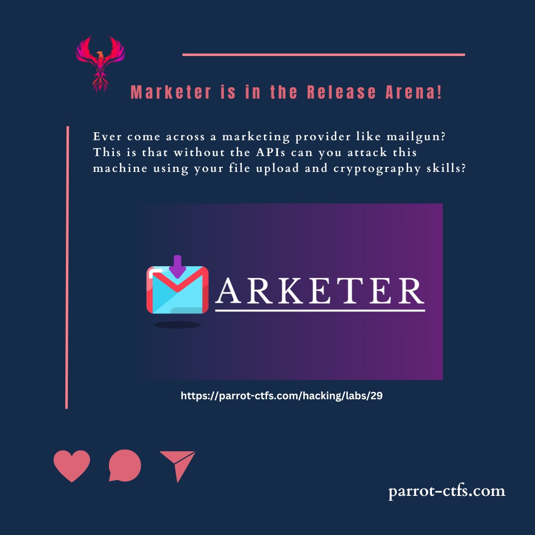 parrot_ctfs's tweet image. Marketer is in the release arena! 
.
#ctf #capturetheflag #hackinglabs #redteamlabs #penetrationtesting #parrotctfs