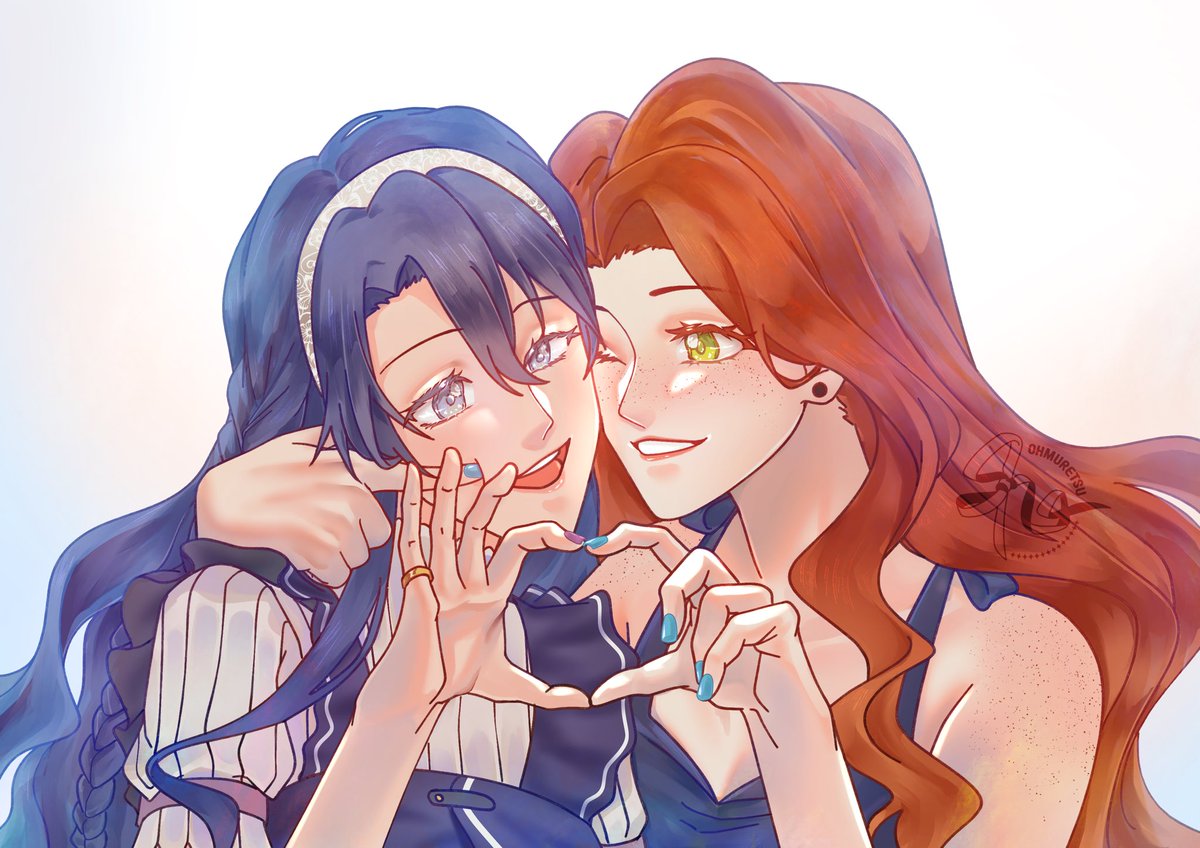 Tia and Rin posing for a picture.
Tia finally getting the hand heart correct. (Sorry Simeon 🤣)
Art by Tia <a href="/ohmuretsu/">tia</a>