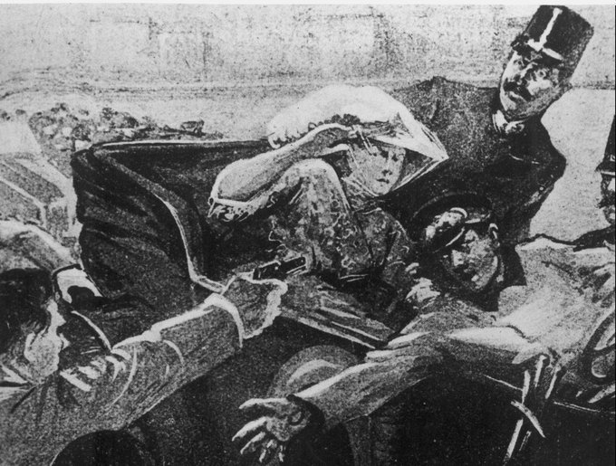 MilHistNow's tweet photo. RIGHT NOW in 1914, the Archduke Franz Ferdinand of Austria-Hungary and his wife Sophie are fatally shot in Sarajevo by a 19-year-old Serbian nationalist named Gavrilo Princip. The incident touches off a diplomatic crisis that plunges Europe into war. https://t.co/iGM6YGht69