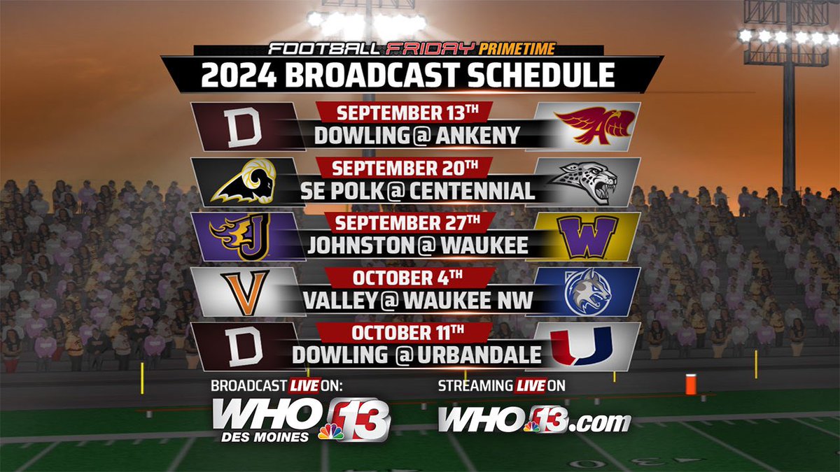 In addition to those five games, WHO 13 will also carry the Perry vs Des Moines Hoover game on Thursday, August 29th on channel 13.4, MC22 on Mediacom and streaming on who13.com. #WeArePerry