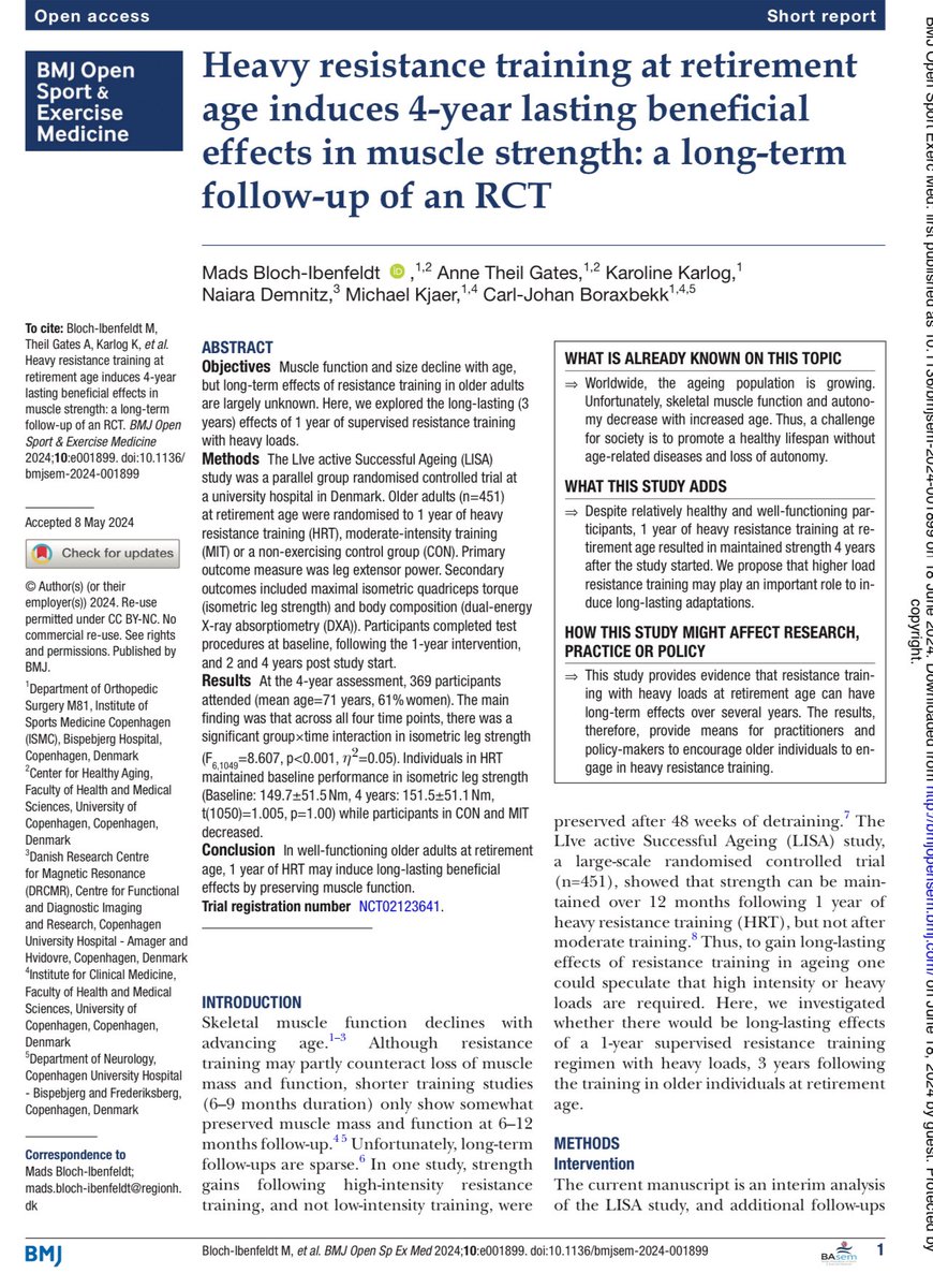 Resistance training for 1 year in older adults had enduring benefits for years later, results from a randomized trial 

bmjopensem.bmj.com/content/10/2/e…