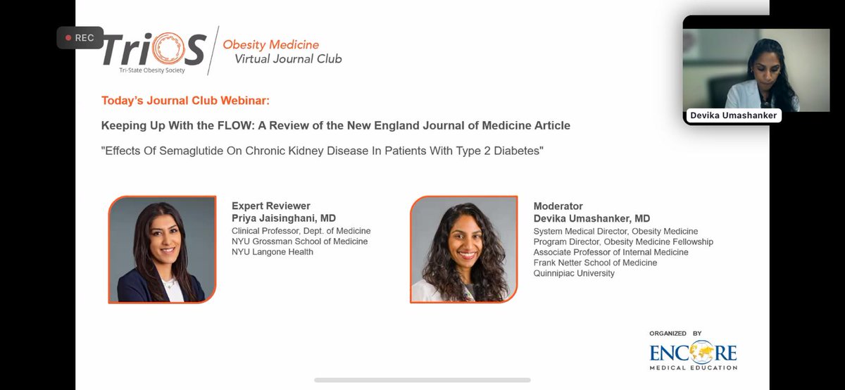 Beverly G. Tchang, MD (@bevtchangmd) on Twitter photo Fantastic presentation tonight by <a href="/DrJayyy__/">Priya Jaisinghani, MD, DABOM</a> at <a href="/tristateobesity/">Tri-state Obesity Society</a> 's inaugural Virtual Journal Club, moderated by <a href="/devika_md/">Devika Umashanker</a>
Takeaways from FLOW:
👉 Offer semaglutide 1.0 mg #Ozempic to adults with CKD GFR ≥25 +microalbuminura and type 2 #diabetes
👉 35-60% of participants Fantastic presentation tonight by <a href="/DrJayyy__/">Priya Jaisinghani, MD, DABOM</a> at <a href="/tristateobesity/">Tri-state Obesity Society</a> 's inaugural Virtual Journal Club, moderated by <a href="/devika_md/">Devika Umashanker</a>
Takeaways from FLOW:
👉 Offer semaglutide 1.0 mg #Ozempic to adults with CKD GFR ≥25 +microalbuminura and type 2 #diabetes
👉 35-60% of participants