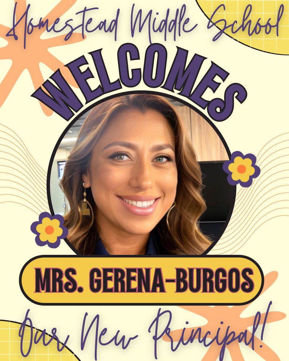 HomesteadMS's tweet photo. We’re excited to welcome our new principal, Mrs. Gerena-Burgos, to Homestead Middle School! 🎉 Her dedication to education and student success is inspiring. Let’s make this a great year together! 🍎📚 #WelcomePrincipal #HomesteadMS #GatorPride🐊 @MDCPSSouth https://t.co/LYGkN18M8k